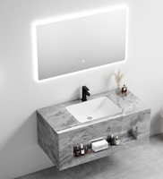 Meuble-lavabo mural de salle de bain en céramique, style européen, avec évier simple, miroir LED moderne, résistant à l'eau, et meuble en pierre