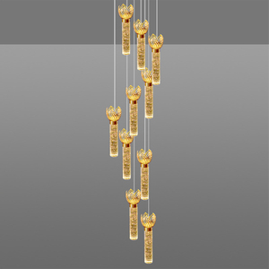 Lustre Cylindrique en Cristal Prisme Effet Bulle avec Couronne Florale Dorée, Luminaire Élégant pour Grand Hall d'Entrée et Escalier - Product Image 5