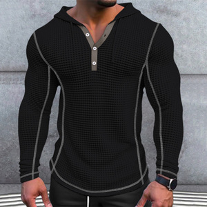 Stock <strong>Mens</strong> Jacquard Waffle-knit Button-up Solid Hug-fit <strong>Hoodie</strong> T-shirt Spring Long-sleeve Casual Vacation - Product Image 1
