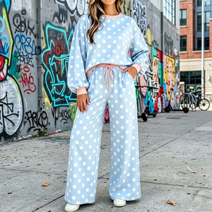 Conjunto de 2 Piezas de Moda para Mujer, Estilo Casual con Estampado de Lunares, Sudadera de Cuello Redondo y Pantalones Anchos, Estilo Varsity, Conjunto de Pijama - Product Image 3