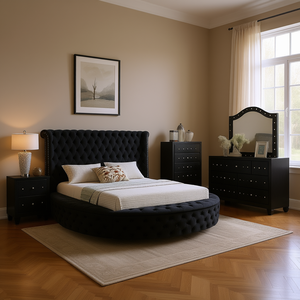 Set Camera da Letto Hazel Queen, Letto Matrimoniale Nero Trapuntato, Mobili in Legno - Product Image 2