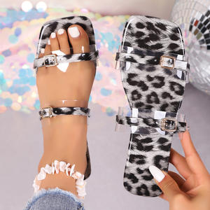 Sandales plates transparentes en cristal pour femmes, nouvelle collection été 2025, export, grandes tailles, bout carré, à bride unique et motif - Product Image 1