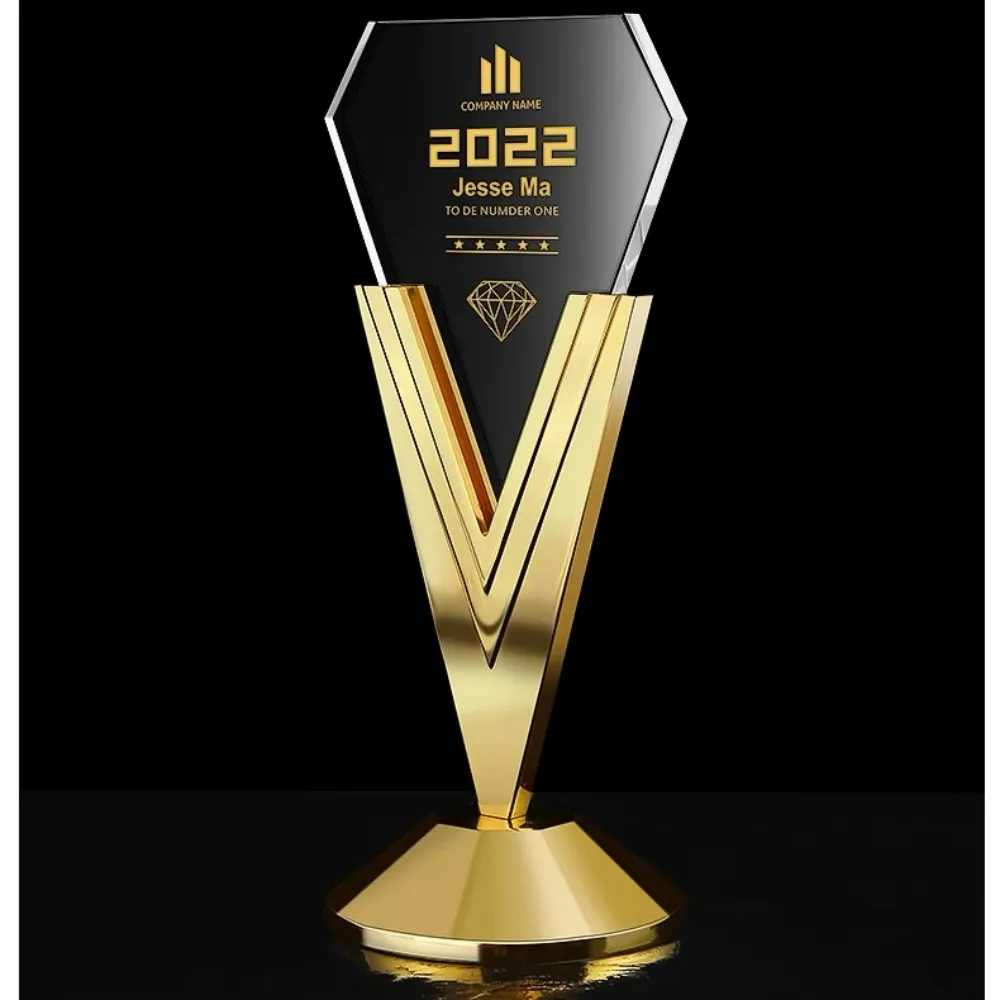 ADL penghargaan trofi kaca kristal tiga warna tembaga perak emas dengan penghargaan trofi olahraga bisnis logam