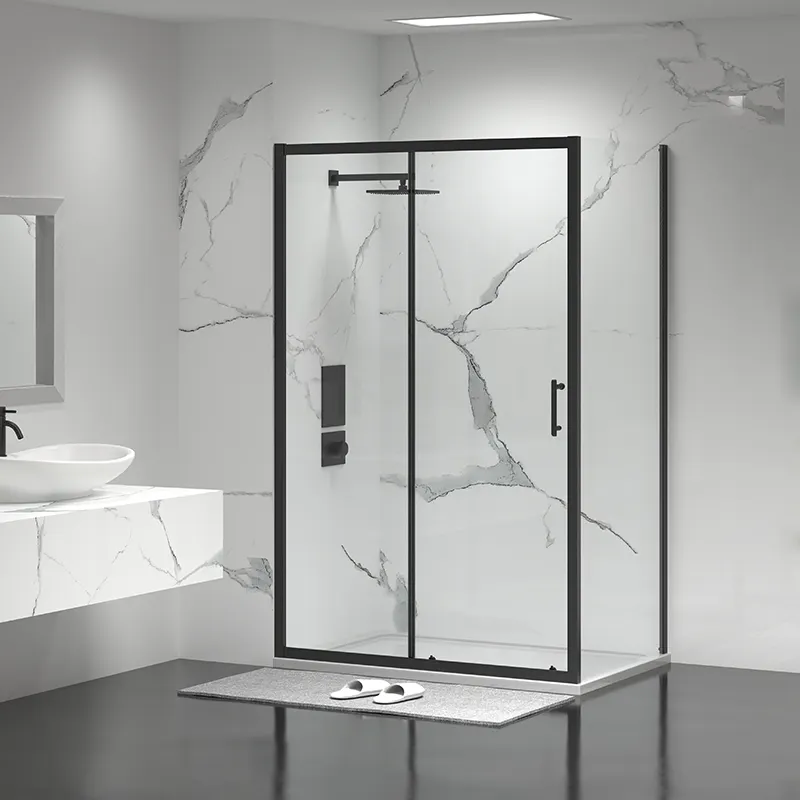 Çerçeveli l-şekil duş kabini krom temperli cam ekran 3 panel sürgülü duş kapısı