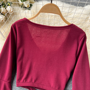 Camiseta Larga Sexy con Cuello en V, Manga Corta Acampanada, Cordones y Abertura Umbilical, para Primavera/Verano, Venta al por Mayor - Product Image 5