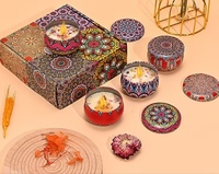 Lot de 4 bougies parfumées en boîte métallique imprimées Mandala Bohème, avec logo personnalisé, fleurs séchées, bougies en cire de soja, idéales pour les mariages et les voyages
