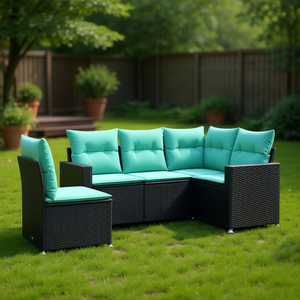 5 Piece Garden <b>Sofa</b> Set Black Pe <b>Rattan</b> Outdoor Furniture Adjustable Feet Contemporary Design - Product Image 2