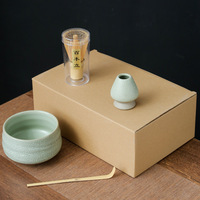 Ensemble de thé matcha coloré 4 pièces - Bambou et céramique de qualité supérieure - Fouet, bol, cuillère et support - Cadeau idéal pour les amateurs de thé