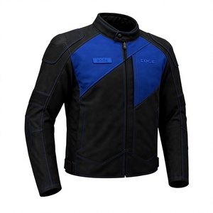 Blouson de moto en cuir noir et bleu à blocs de couleur, manches longues, fermeture éclair, col montant, coupe-vent, imperméable, pour la moto - Product Image 2