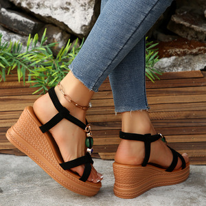 Sandalias de cuña con cuentas y punta abierta para mujer, suela gruesa, elásticas, estilo romano, novedad de verano - Product Image 4