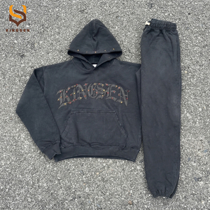 OEM Custom Acid Wash Rhinestone Jogger Track Sweat Suit Men Tracksuit Screen Print Oversized French Terry Sweatsuit Hoodie Set - Product Image 1
