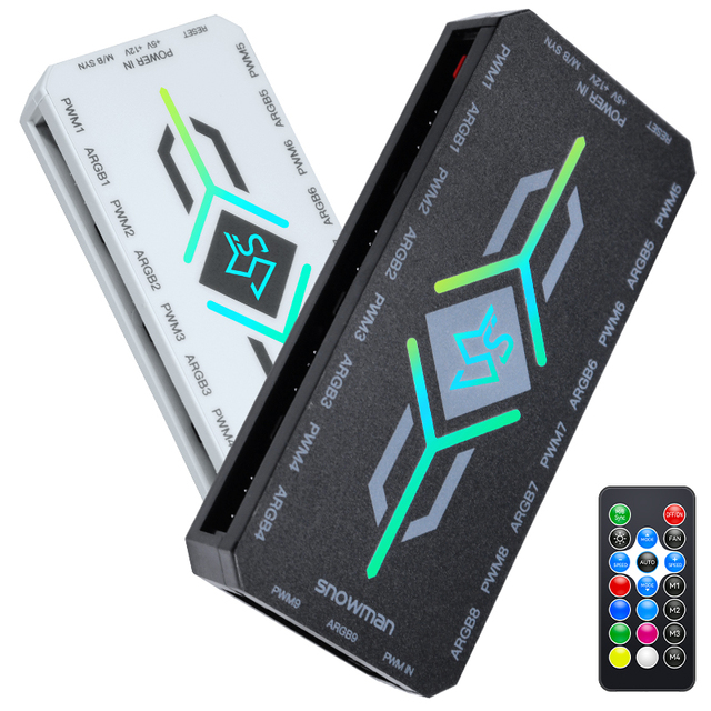 SNOWMAN PWM Fan Hub Controller 5V ARGB Sync with Motherboard Glowing RGB Lights and Remote Control for PC Cooling