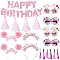 Ensemble d'accessoires et décorations pour anniversaire rose : Chapeau, diadème, serre-têtes, serre-tête sonore, lunettes, bannière à paillettes