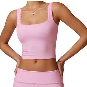 Top Corto Rosa para Mujer con Cuello Cuadrado y Ribete de Encaje, Transpirable, para Yoga, Color Sólido, Soporte Medio - Product Image 1
