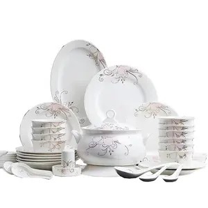 Bộ Đồ Ăn Bằng Sứ Jingdezhen 56 Món, Bộ Đồ Ăn Bằng Sứ Dây Vàng, Bát Đựng Hoa Hồng, Quà Tặng Khách Hàng