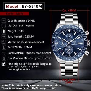 BENYAR 2023 nuevo reloj para hombre correa de acero de lujo resistente al agua relojes de cuarzo azul calendario cronógrafo reloj Masculino 5140 Cu - Product Image 2
