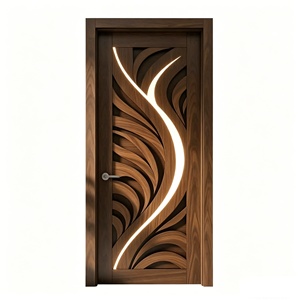 High-End Walnut <b>Veneer</b> Entry Door with Unique LED Light Strip & Geometric Carving - Product Image 1