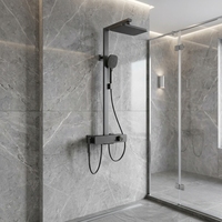 Système de douche thermostatique carré à 4 fonctions en ABS finition canon de fusil mat, avec pommeau de douche mural et douchette à main