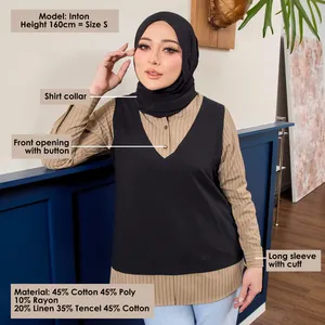Blusa Negra con Rayas de Trufa, Proveedor OEM de Malasia, Top Modesto con Cuello Abotonado, Camisa Formal para el Trabajo, Atuendo Musulmán - Product Image 5