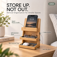 Organisateur de chevet compact en bambou de luxe moderne, support pour téléphone, étagère à lunettes, petite table de chevet, station d'accueil, écologique, personnalisé