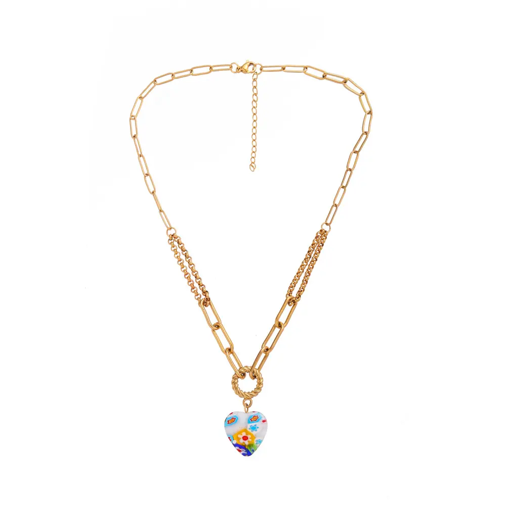 New Design Female 18k Gold Stainless Steel Love Glass Heart Pendant Titanium Steel Golden Heart Initial Necklace For Women
