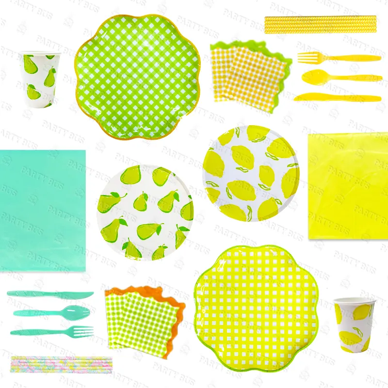 Partybus Green Lemon/ Pear Fruit Pattern Cups/ Plates/ Napkins/ Cutlery Holiday Picnic Supplies Disposable Tableware Set