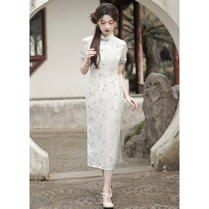 Verano nuevo estilo chica cheongsam temperamento de gama alta mujeres tradicionales damas largo color <span class=keywords><strong>azul</strong></span> boda vestido floral <span class=keywords><strong>qipao</strong></span> fábrica - Product Image 5