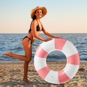 Bouée gonflable rose classique à rayures pour enfants et adultes, pour piscine et plage - Product Image 2