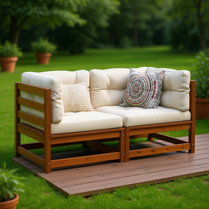 Canapé de jardin modulaire à deux places en bois de pin massif, design rustique, mobilier d'extérieur, coussin marron - Product Image 2
