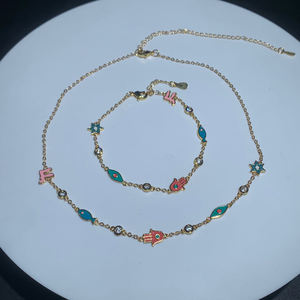 18 Karat vergoldet Bling Mode Damen Schmuck Set Micro Pave 5A CZ Türkisch Evil Eye Hamsa Star Multi Emaille Halskette Armband - Product Image 6