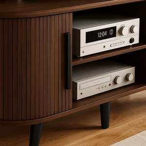 Modern Mid Century Farmhouse Eco-Friendly <strong>Walnut</strong> Finish Fluted <strong>TV</strong> Cabinet <strong>Stand</strong> Storage Wood Legs Doors Living Home Furniture - Product Image 2