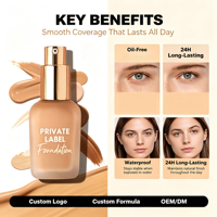 Fond de teint liquide personnalisé en gros avec logo, imperméable, longue tenue, contrôle du sébum, couvrance totale, unifie le teint, fond de teint naturel