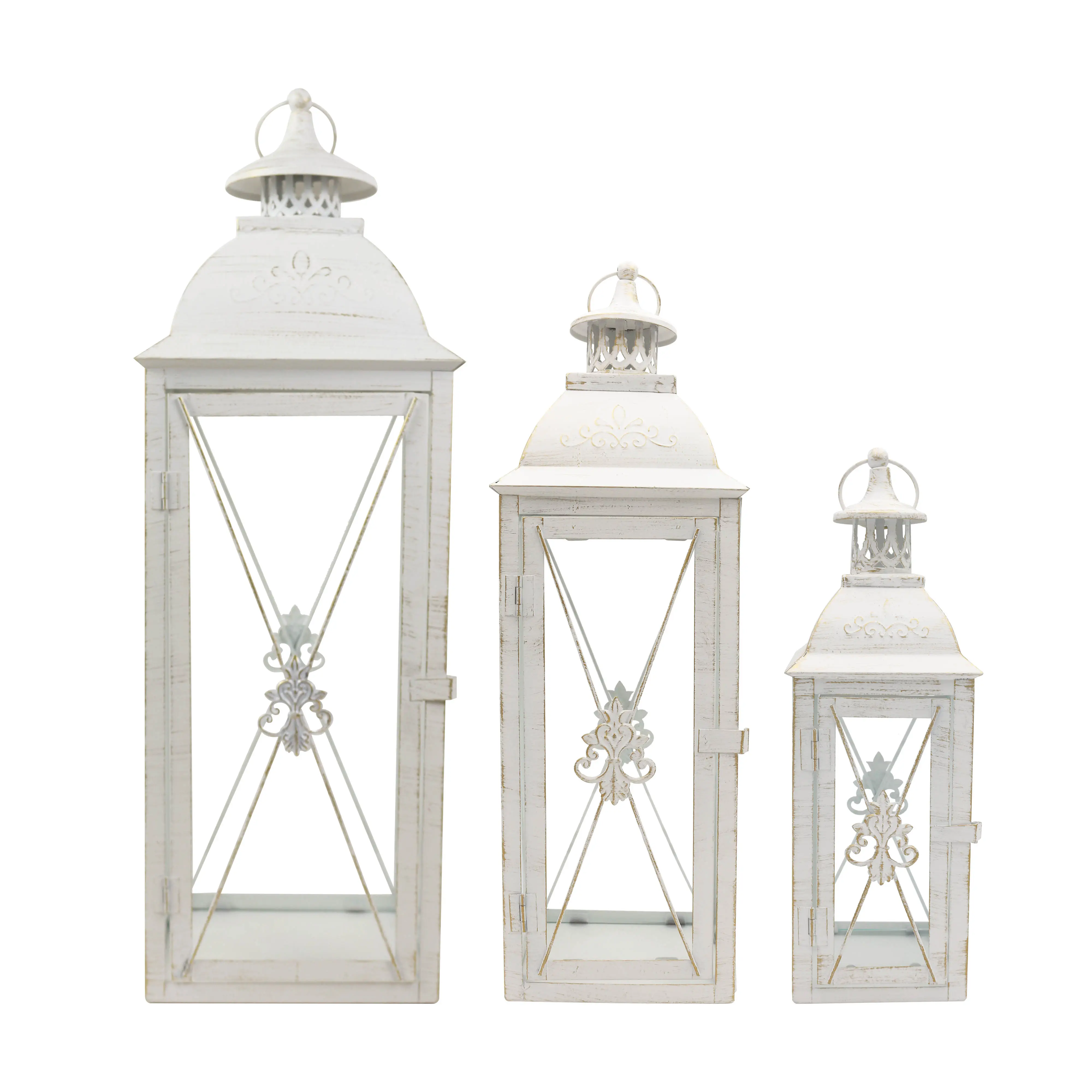 White Rustic distressed metal candle lantern holder for indoor outdoor home porch patio coffee table decorations