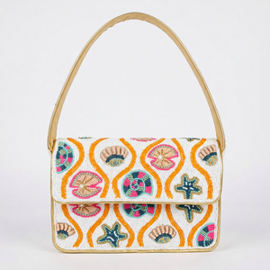 Bolso de Lona Bordado a Mano, Forma Rectangular, con Diseño de Conchas y Estrellas de Mar, Adornos Dorados, Material Textil, Artículo Coleccionable - Product Image 1
