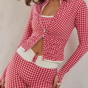 Custom Plaid <b>Yoga</b> Sports Set Quick Dry Zipper Long-sleeved <b>Yoga</b> <b>Jacket</b> Soft Breathable Workout Shorts Slim Seamless Front Logo - Product Image 2