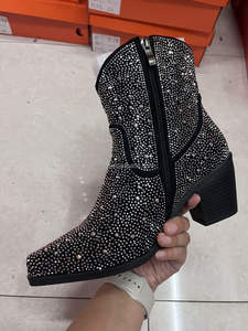 SHIKOL, botas vaqueras para mujer, zapatos de mujer, <span class=keywords><strong>botines</strong></span> de gamuza para mujer, botas de moda de media pantorrilla para fiesta de boda, botas negras con diamantes de imitación <span class=keywords><strong>plateados</strong></span> - Product Image 3