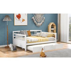 Full Size <b>Daybed</b> Wood Bed <b>With</b> Twin Trundle White <b>Storage</b> Bed For Kids Bedroom - Product Image 3