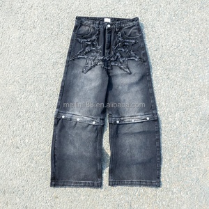 Men's Denim <b>Jeans</b> Wholesale Custom Sun Faded Denim Pants Heavyweight Distressed Detachable <b>Button</b> Denim Shorts Baggy Denim Pants - Product Image 1