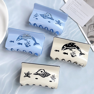 Pinza de Pelo de Acetato de Celulosa con Diseño de Tiburón Náutico y Logotipo Personalizado, Agarre Seguro, Accesorio para el Cabello para Damas, Venta al Por Mayor - Product Image 3