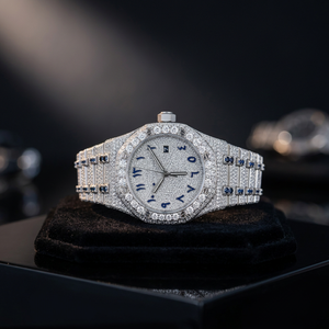 Montre de luxe en acier inoxydable avec bracelet en moissanite VVS, verre saphir de haute qualité, bracelet en cuir personnalisé avec logo Hip Hop, mouvement quartz ETA, étanche. - Product Image 3