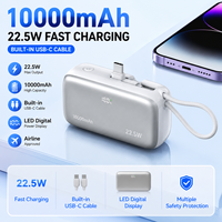Power Bank 10000mAh 22.5W Pengisi Daya Cepat dengan Kabel USB C Terintegrasi Layar LED Paket Baterai Mini Portabel