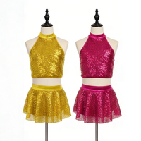 Traje de Jazz y Tap para Niñas, Ropa de Baile para Escenario, Top Corto Halter Rosa Intenso con Falda Skater para Hip Hop y Cheerleading