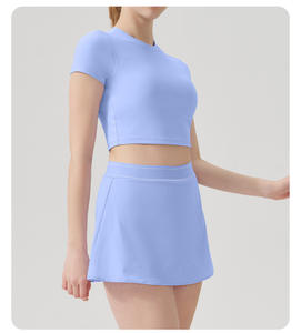 Atasan Yoga wanita lengan pendek, grosir kustom ringan cepat kering rok tenis Set kebugaran 2 pakaian tenis bernapas OEM - Product Image 4