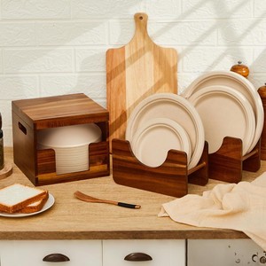 Wooden Cutlery Storage Box With Handle Paper <b>Plate</b> Bowl Dispenser <b>Rack</b> Standing Type Dust Proof Outdoor Picnic Use - Product Image 1