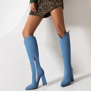 Bottes pour femmes en denim bleu uni, talon carré, hauteur genou, bout pointu, talon épais, antidérapantes, automne-hiver, taille 43 - Product Image 5