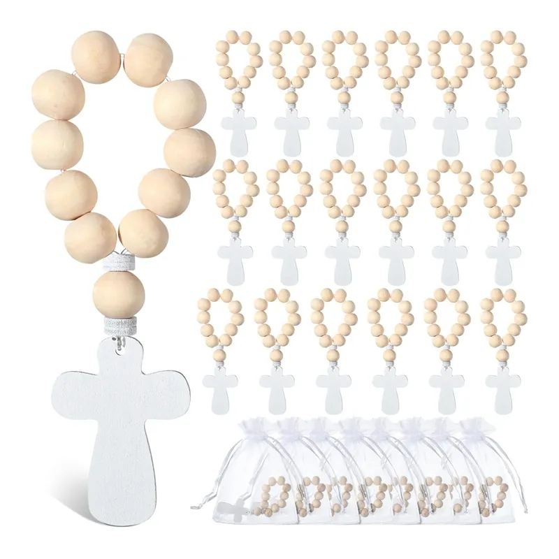 Perles de chapelet catholique en vrac en bois personnalisées avec pendentif croix en bois crucifix avec sacs en maille blanche pour le baptême