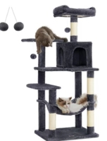 Arbre à chat multi-niveaux en sisal avec double porte, hamac, plusieurs plateformes d'escalade et jouets pompons suspendus pour chat d'intérieur