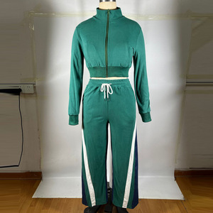 Ensemble de survêtement patchwork à blocs de couleur personnalisés pour femmes, veste de survêtement courte, pantalon de survêtement, jogging - Product Image 4