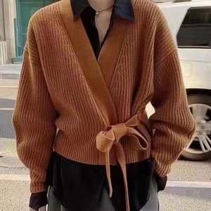 Abrigo de punto suelto liso para mujer de Otoño/Invierno, cárdigan informal de manga larga con cuello en V de algodón/poliéster antibolitas - Product Image 2