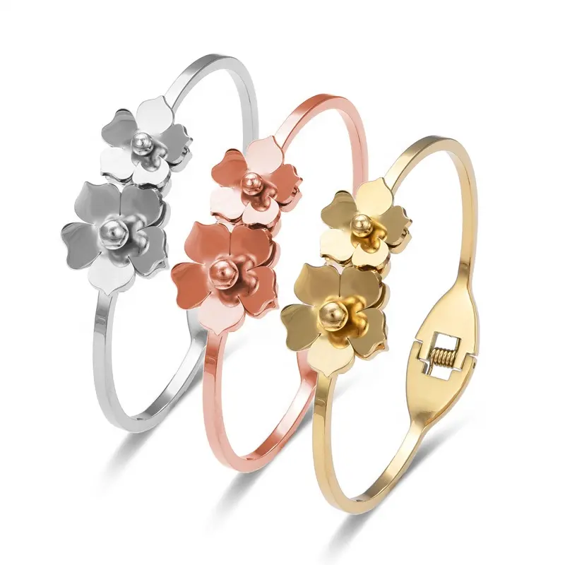 Nueva moda de acero inoxidable 3D flores brazaletes abiertos joyas accesorios de mujer regalo No Tranish pulseras joyería
